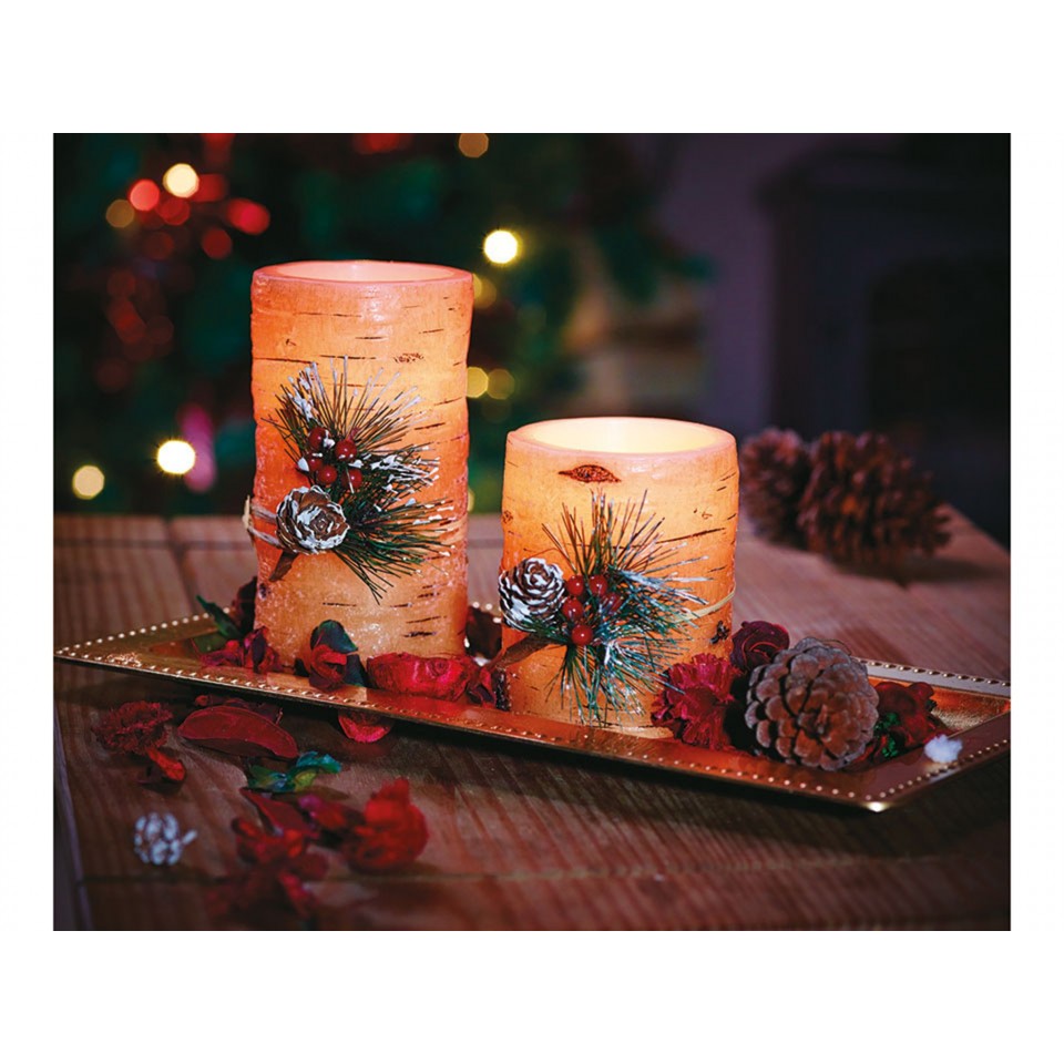 Flameless Pillar Candle Timer Bark Effect 4"